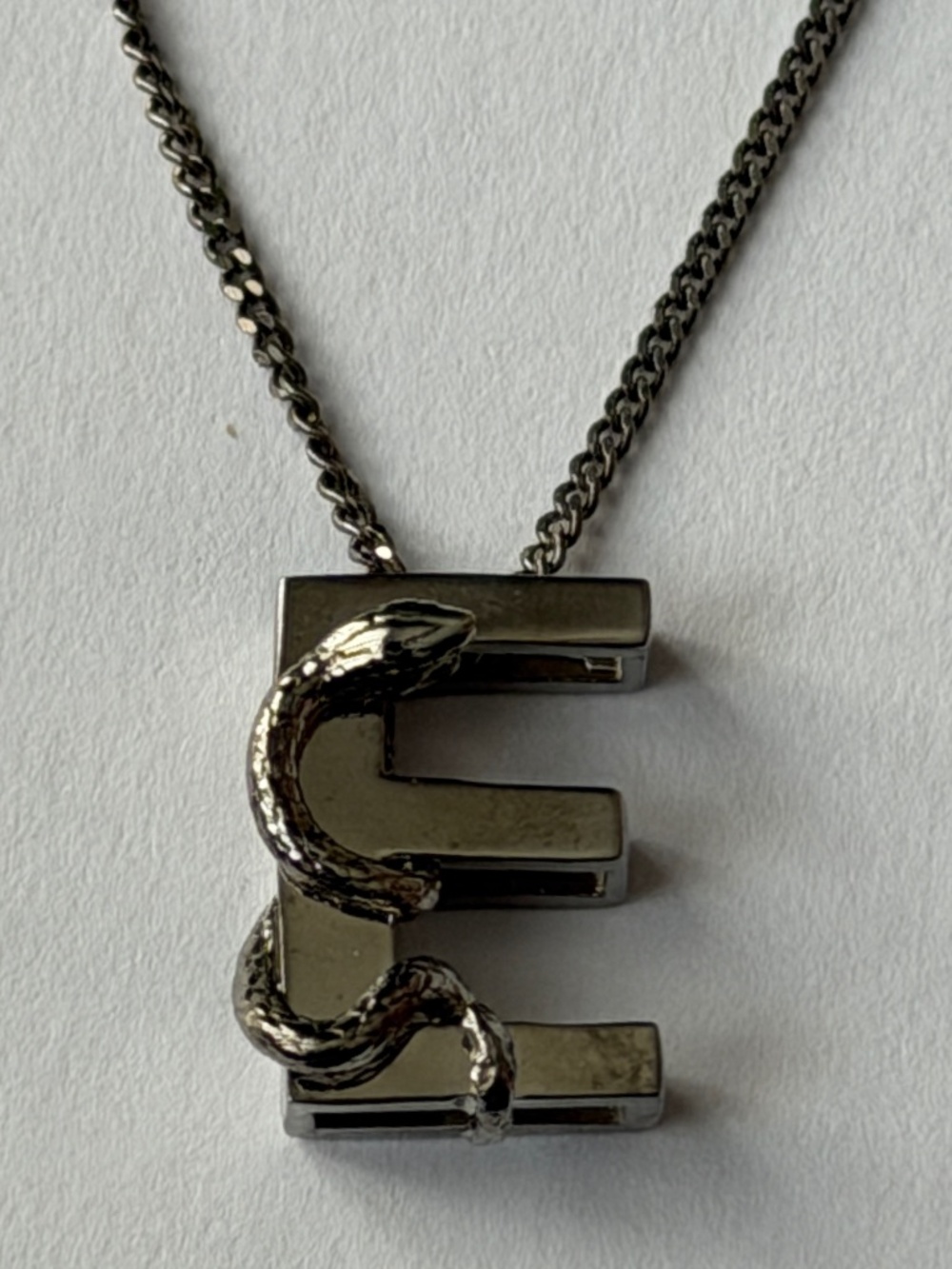 Saint Laurent YSL Sterling Silver E Initial Letter Snake Pendant Chain Necklace